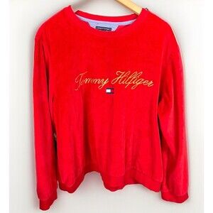 Tommy Hilfiger Sport Velour Velvet Pullover Womens Sweatshirt Red XXL